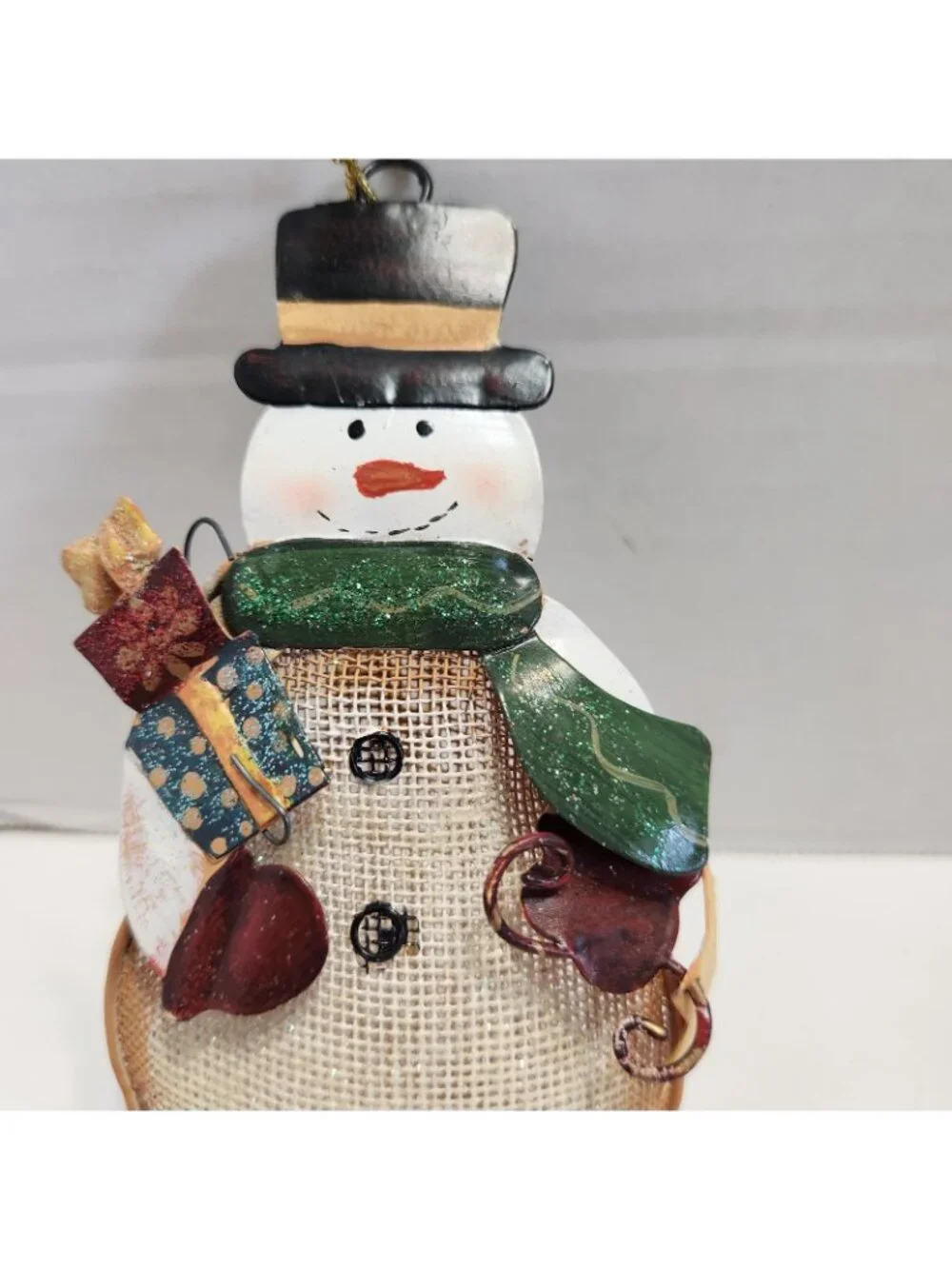 Rustic Mesh Style Snowman Ornament Holding Gifts Top Hat Green Scarf Christmas
